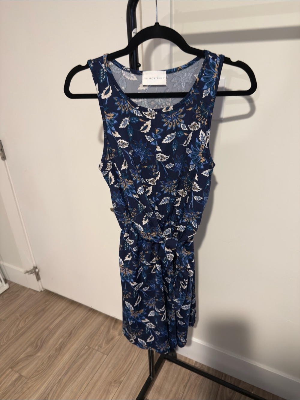 French Grey Navy Floral Sleeveless Tie-Front Dress